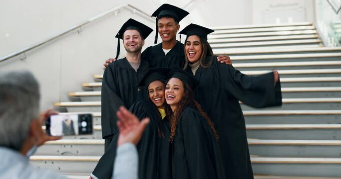 Graduate, happy friends and photo with award, degree and university group on campus stairs. Outdoor, smile and diversity of college students with study achievement, graduation and event with picture