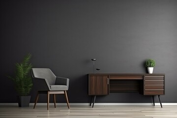 Contemporary office with blank wall for advertising poster, modern table and chair, wooden floor, and grey wall background. Generative AI