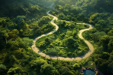 Bird's-eye view of a scenic curvy path through a lush woodland. Generative AI