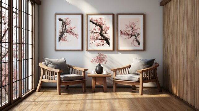 Three framed wooden pictures on the wall and two wooden chairs in the style of a minimalistic modern interior