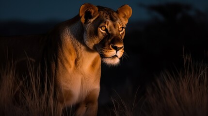 Majestic Lioness with a Fierce Expression Standing, the Embodiment of Wild Grace and Strength