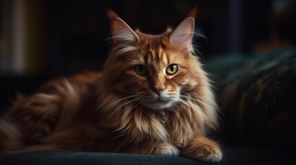 Red-Gold Cat Relaxing on a Cozy Sofa, Radiating Warmth and Comfort in a Domestic Setting