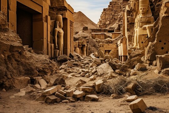 Mystical remnants of a bygone civilization: weathered temples and hieroglyphics stand as testament to a vibrant past. Generative AI