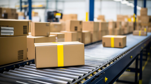 Conveyor belt with parcels in a distribution center.