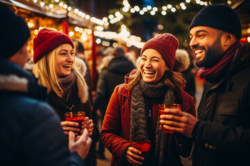 A group of people standing at a Christmas market and drinking mulled wine, Christmas party. AI generative.