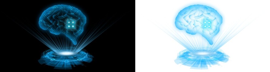 human brain blue glow futuristic with chip and circuit board inside on holographic hud with spot light transparent background