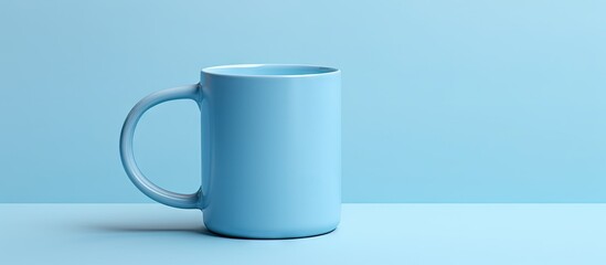 Obraz premium Blue plastic mug with lid valve on a isolated pastel background Copy space