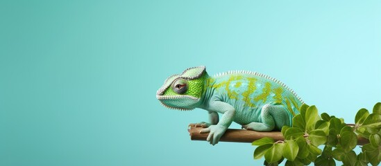 Chameleon of the color green isolated pastel background Copy space