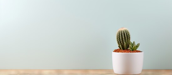 A cactus in a white pot on a wooden floor with a isolated pastel background Copy space