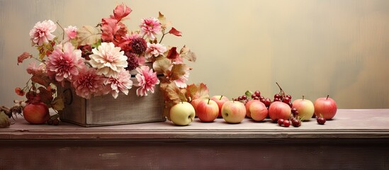 Autumn floral arrangement in wooden box on isolated pastel background Copy space with berries and apple