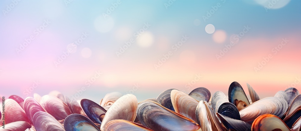 Poster Backlit isolated pastel background Copy space with empty mussels shells in group