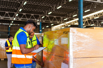 Waist of worker using document check and control production at plant with Modern Trade warehouse global business commerce concept

