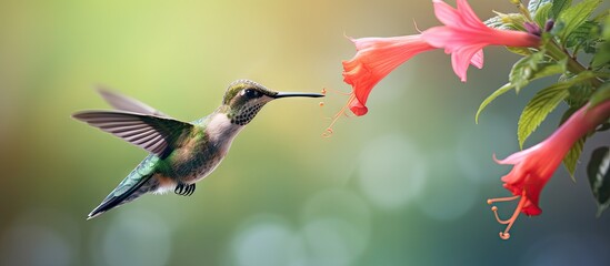 Close up photo of a young male hummingbird in flight with pink flowers and greenery with isolated pastel background Copy space focusing on the bird