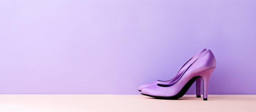 Black high heeled platform shoes made of suede featured against a isolated pastel background Copy space