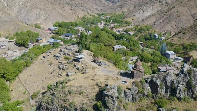 Aerial shot of Saint Sargis Church on sunny summer day. Bjni village, Kotayk Province, Armenia.