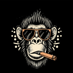 Vector Monkey head wearing sunglasses vintage illustration 