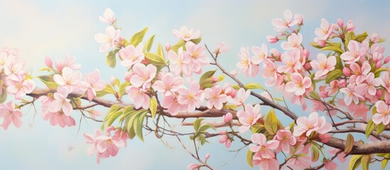 Obraz premium Blooming apple orchards isolated pastel background Copy space