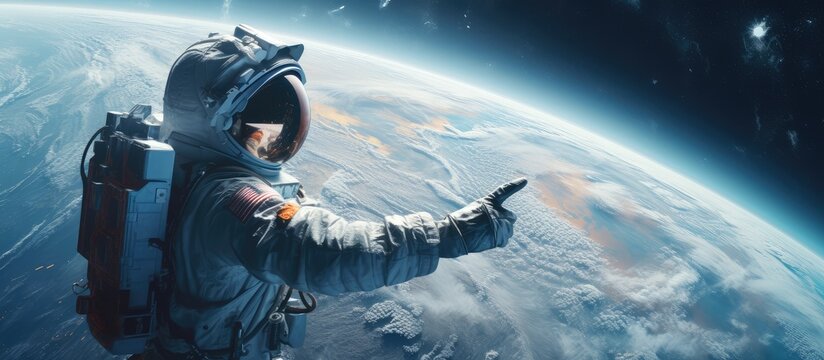 Astronaut indicating direction in sci fi spaceship background close up view isolated pastel background Copy space
