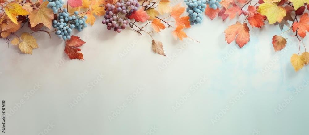 Poster autumn leaves rowan berries and wild grapes in a frame set against a isolated pastel background copy