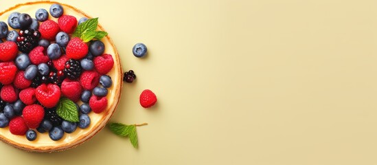 Cheesecake with berries on a isolated pastel background Copy space