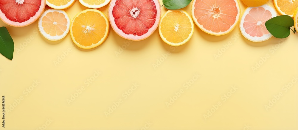 Poster citrus slices with spices isolated pastel background copy space