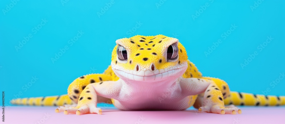 Poster bright isolated pastel background copy space with isolated exotic lemon frost leopard gecko