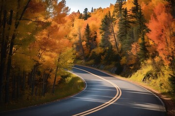 Fototapeta premium The road and the fall trees, generative ai