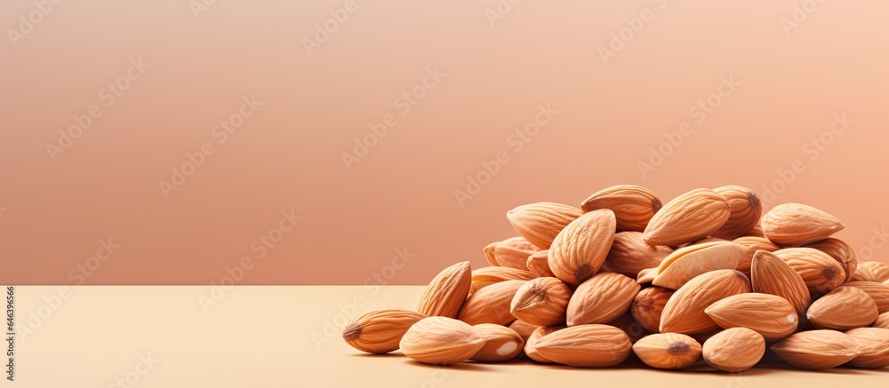 Poster almonds stacked against a isolated pastel background copy space