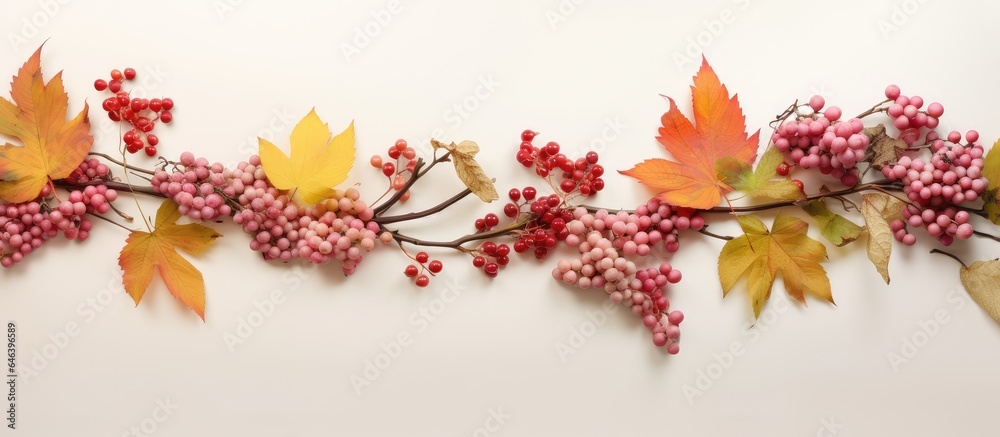 Poster autumn leaves rowan berries and wild grapes in a frame set against a isolated pastel background copy