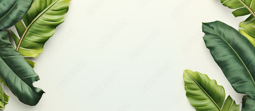 Poster banana leaf isolated on a isolated pastel background copy space