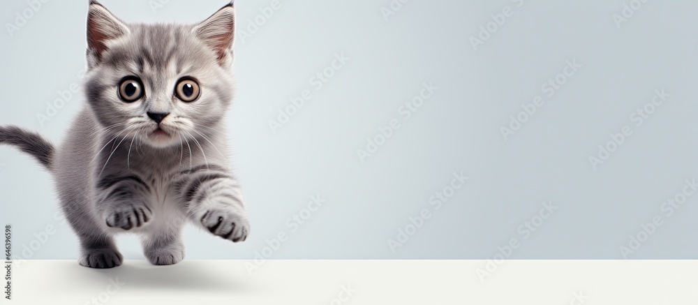 Poster a purebred kitten with grey spots is on a isolated pastel background copy space
