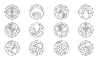 3d wireframe sphere grid globe vector set - obrazy, fototapety, plakaty