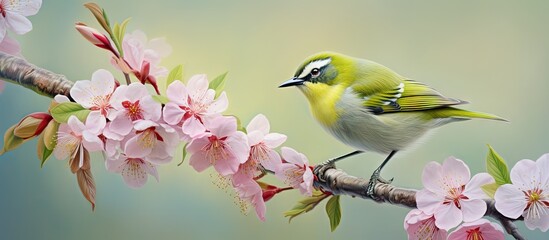 Fototapeta premium Bird with white eye perched on cherry blossom and sakura tree isolated pastel background Copy space