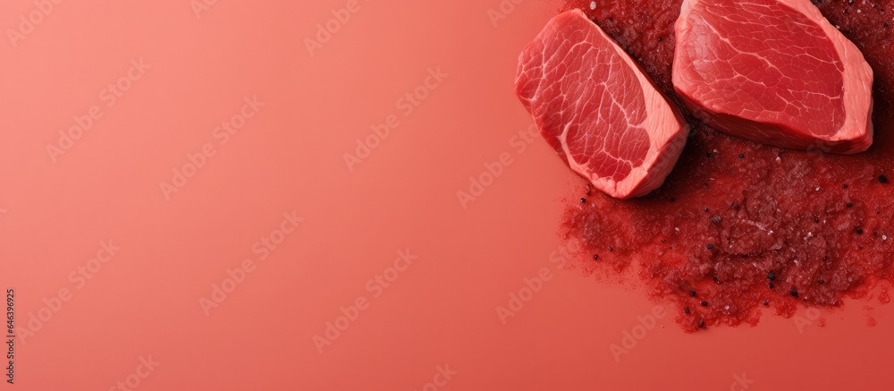 Poster beef filet red meat on isolated pastel background copy space
