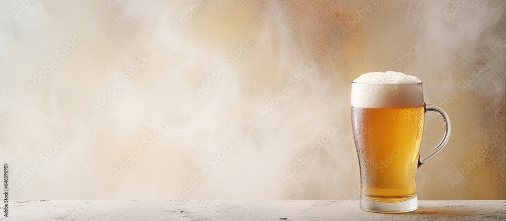 Poster a frosty glass of beer with frothy foam isolated pastel background copy space