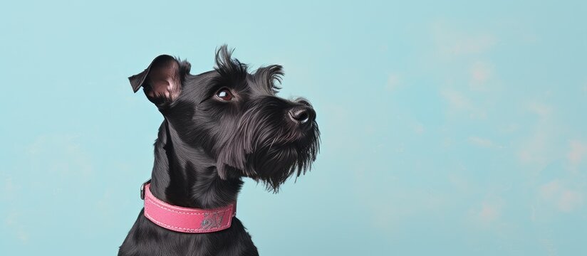 Black dog sitting with collar isolated pastel background Copy space