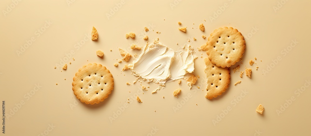 Poster a crumbled biscuit alone against isolated pastel background copy space seen from above