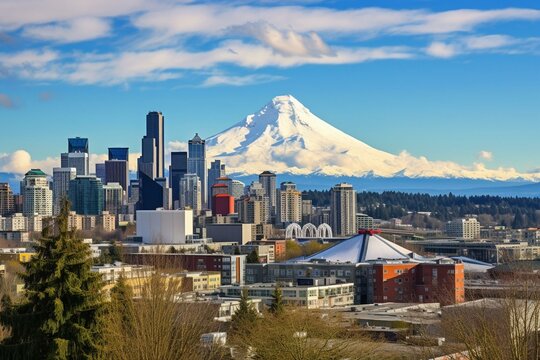 Clear day view of Seattle skyline with Mt Rainier. Generative AI