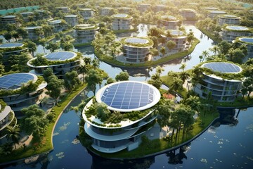 Sustainable neighborhood powered by solar panel island, aerial view. Generative AI - obrazy, fototapety, plakaty