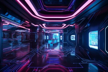 360° view of neon-lit futuristic building with sci-fi-inspired interior design. Generative AI