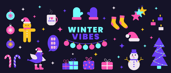 Set of winter items. Isolated dark background. Vector illustration