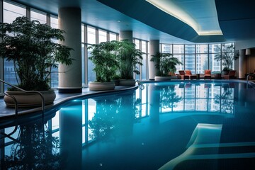 Indoor pool health club perfect for wellness backgrounds. Generative AI