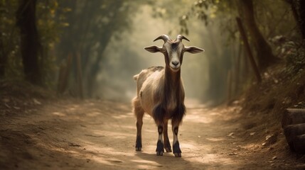 Majestic Goat Standing Tall on a Serene Dirt Road, Embracing the Simplicity of the Countryside
