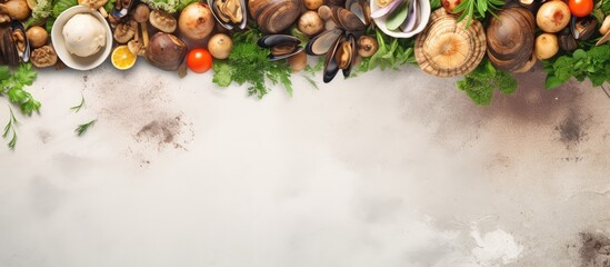 Baked European bittersweet clams with potatoes vegetables and greens isolated pastel background Copy space