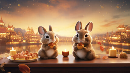 Cute rabbit congregate around mooncakes, admiring a Chinese palace beneath the starry night, a delightful nighttime display - obrazy, fototapety, plakaty
