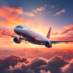 Fototapeta na wymiar Passenger airplane. Landscape with big white airplane is flying in the red sky over the clouds and sea at colorful sunset. Passenger aircraft is landing at dusk. Business trip. Commercial plane. Trave