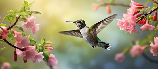 Close up photo of a young male hummingbird in flight with pink flowers and greenery with isolated pastel background Copy space focusing on the bird
