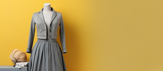 A mannequin wearing a yellow blouse gray jacket and gray skirt isolated on a isolated pastel background Copy space
