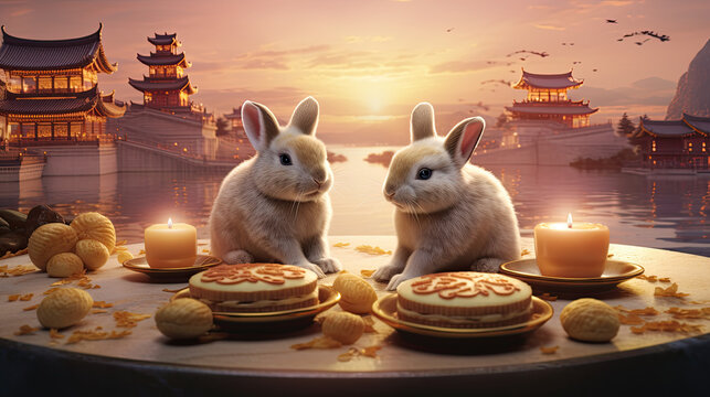 Cute bunny assemble on mooncakes, admiring a Chinese palace under the starry night, creating a delightful nighttime scene