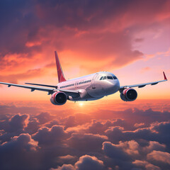 Passenger airplane. Landscape with big white airplane is flying in the red sky over the clouds and sea at colorful sunset. Passenger aircraft is landing at dusk. Business trip. Commercial plane. Trave